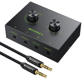 LiNKFOR 4 Port 3.5mm Stereo Audio Switcher Support 1 In 4 Out or 4 In 1 Out with 3.5mm Audio Cable 4 Way 3.5mm Audio Selector for PC Phone Laptop Speaker Headphone