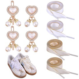 beinkmake 2Pairs Satin Shoe Laces with Bling Pearl Charms Flat Ribbon Shoestrings Lace Phnom Penh Silk Women Decorative Sneakers