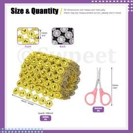 Swpeet Sunflower Rhinestone Ribbon 3Y for Crafts Decorations (Golden) 1 Roll 4 Inches × 3 Yards 6 Rows Gold Rhinestone Ribbon with Scissors, Faux Crystal Rhinestone Flower Mesh Band, Bling Diamond