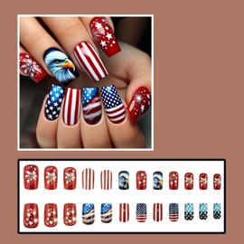 ONPRESS 24Pcs Independent Day Press on Nails Medium Square Fake Nails with Eagle United States Flag Design 4th of July Red White Line Glue on Nails Star Firework Blue Fakse Nails for Women
