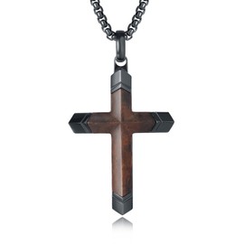 Wooden Cross Necklace for Men, Real Ebony Inset In Black Stainless Steel Christian Wood Crucifix Pendant for Men, Free Necklace 24" Box Chain