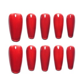 Sun&Beam Nails Handmade Press-on Medium Long Coffin Red Ruby Magnet False Nail Tips Hand-drawn Design Fashionable 10 Pcs Set (#164 S)