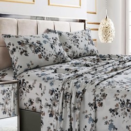Tribeca Living Twin XL Bed Sheet Set, 300 Thread Count Soft Cotton Sateen, Floral Print with Extra Deep Pockets, 3-Piece Bedding Set, Lisbon Grey/Multicolor