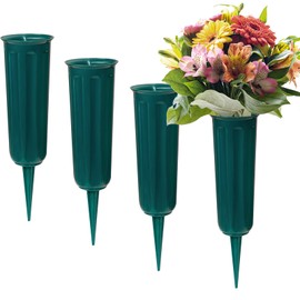 4 pieces Grave Vases with Spikes, Plastic Flower Holder for Cemetery, Flower Vase Grave Decorations for Cemetery Headstone Graveside (Green)