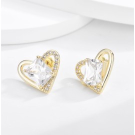 Silver Stud Earrings for Women Girls, Hypoallergenic 18K Gold Plated Heart Shape Studs with Square Cubic Zirconia Jewellery Gifts for Wedding Birthday