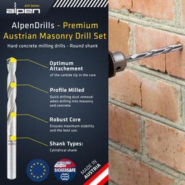 Alpen Drill Bit Longlife 1/2" for Stone, Masonry and Concrete - Versatile SDS-Plus Hammer Drill Bit Sets for PGM Certified Precision and Precise Dowel Holes - Durable and Fast (Cylindrical, 1/2")