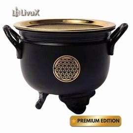 LivuX Incense Cauldron "Flower of Life" Diameter Approx. 9 cm - Metal Cauldron with Sieve & Decorative Tree Motif - Ideal for Resins, Herbs & Charcoal - Ritual Jar for Meditation & Living Room 1371