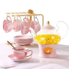 DUJUST 21 pcs Small Tea Set of 6, Pink Marble Texture with Handcraft Golden Trim, Fine Porcelain Tea pot Set for Girls&Women, 1 Glass Teapot(22oz), 6 Cups(4oz), 6 Saucers, 6 Spoons, 1 Shelf&1 Warmer…