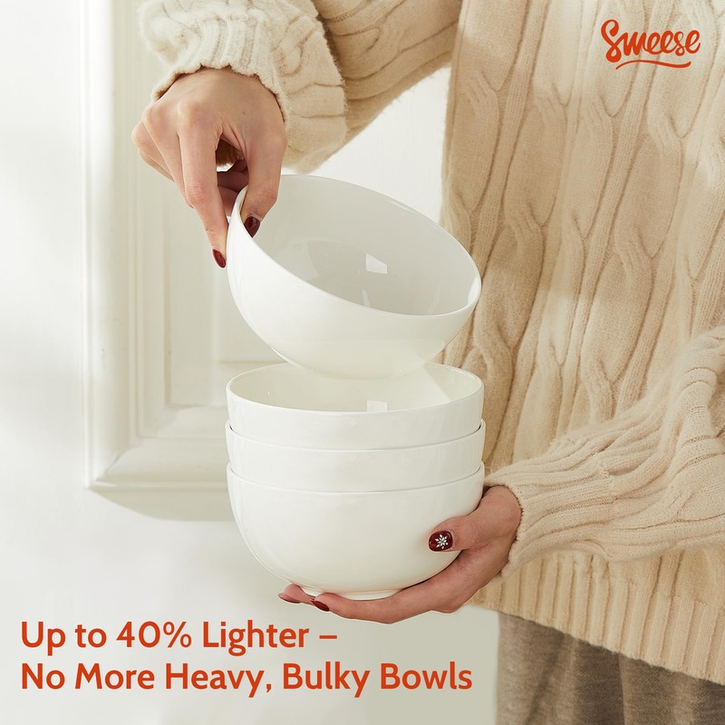 Sweese Porcelain Bowls Set of 6, 20oz Lightweight Round Cereal