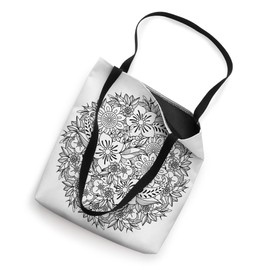 Black & White Color Your Own Floral Wreath Adult Coloring Tote Bag