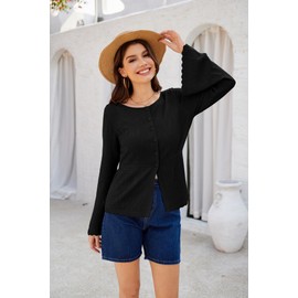 GRACE KARIN Women's Casual Long Sleeve Pullover Crew Neck Hollow Cardigans, black