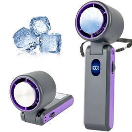 Portable Rechargeable Handheld Fan - 100 Speed Adjustable Mini Desk Fan with Ice Cooling, Detachable Neck Strap & Pocket Size - Personal Cooler for Office, Travel, Camping, Outdoor (Gray Purple)