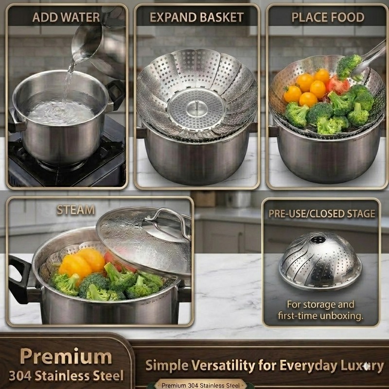 Premium 304 Stainless Steel Foldable Steamer for Cooking – Expandable