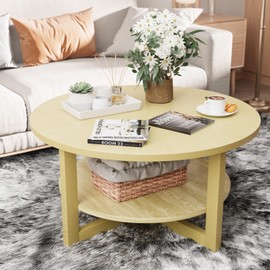 JUMMICO Round Coffee Table, 2-Tier Farmhouse Wooden Coffee Table with Storage Shelf, Circular Rustic Coffee Table for Living Room, Balcony and Office (Yellow)