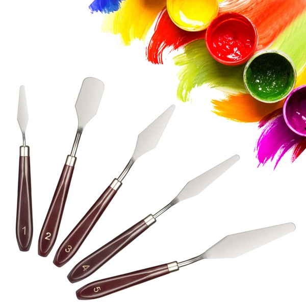 5 Pcs Painting Knife Set, Spatula Art Palette Knife Stainless Steel Oil Painting Scraper with Wooden Handle Oil Paint Accessories for Art Paint Color Mixing Acrylic Mixing Supplies (Reddish Brown)