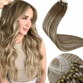 LaaVoo Micro Loop Hair Extensions Balayage Light Brown With Platinum Blonde to Light Brown Hair Extensions 16 Inch 50g 50s Micro Ring Hair Extensions Remy Micro Beads Hair Extensions #8/60/8