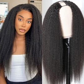 Glowig Kinky Straight U Part Wig Human Hair For Women Brazilian Remy Human Hair Glueless Wig Human Hair Leave Out Upart Human Hair Wig Beginner Friendly 180% Density Natural Color 22 Inch