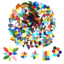 Mixed Color Glass Mosaic Tiles 1.3lb/600g, 6 Mixed Shapes Petal Leaf/Round/Rectangle/Square/Rhombus/Triangle Stained Glass Pieces for Crafts
