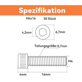 Dayalo Pack of 50 M4 x 16 Cylindrical Head Screws with Hexagon Socket Flat Head Screws Stainless Steel A2 V2A Full Thread Allen Screws with Key