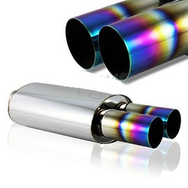 S SIZVER Weld-On Universal Muffler 3" Dual Rainbow Burnt Tip 2.5" Inlet T-304 Stainless Exhaust Muffler