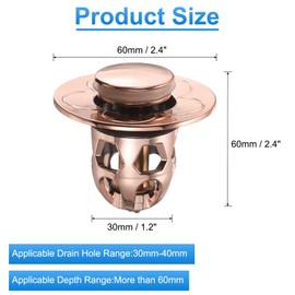 uxcell Bathroom Sink Stopper with Seal Ring Push Type Sink Drain Strainer with Brass Filter Basket Hair Catcher Fit for 1.2"-1.6" Dia 2.4" Depth Sink Hole, Rose Gold