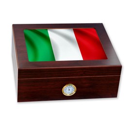 ExpressItBest Premium Desktop Humidor - Glass Top - Flag of Italy (Italian) - Waves Design - Cedar lined with humidifier & front mounted hygrometer.