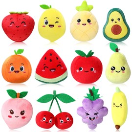 12 Juguetes de Peluche de Frutas Lindas Frutas de Peluche de Colores Mini Muñeco Relleno Suave de Aguacate Fresa Naranja Piña Melocotón y Limón para Niños Llavero Colgante Cumpleaños Pascua