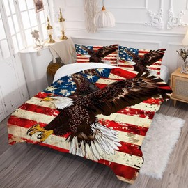 kxry Eagle USA American Flag Comforter Set Full Size Flag Bedding Set for Boys Kids Teens US Stars Stripes Bedding Quilt with 1 Comforter + 2 Pillow Cases