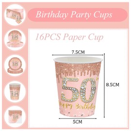 16Pcs 50th Birthday Rose Gold Paper Cups Party Decor,50th Rose Gold Women Birthday Disposable Party Paper Cups,Happy 50th Birthday Tableware Decorations for Her,Women,50th Birthday Gifts Party Supplie