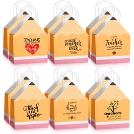 Feifeiya 12 Pcs Teachers Appreciation Gift Bags Pencil Shaped Gift Bags with Handle Teacher Thank You Gifts Wrap Bags for Employee Gifts, 7.9 x 10.2 x 3.9 Inches, 6 Styles
