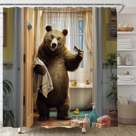 EVRCVAR Funny Bear Shower Curtain Bathtub Brown Animal Rustic Farmhouse Wildlife Country Bathroom Curtain Fabric with Hooks(70" WX70 H)