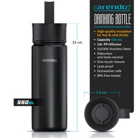 Arendo Stainless Steel Water Bottle, Insulated Water Bottle, BPA Free, Metal Water Bottle 550ml, Drink Flask 24h Cold 12h Warm, Drinking Bottle Ideal for Adult, Kids, Cycling, Gym, Yoga