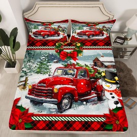 Homewish - Juego de sábanas de Navidad para camión de tamaño individual, diseño de cuadros rojos, 3 piezas, diseño de árbol de pino, con vista a la nieve, paquete profundo, sábana bajera ajustable