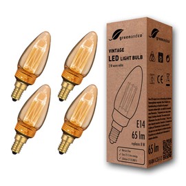greenandco 4X Vintage Design LED Bulb for Mood Lighting | E14 C35 | Amber | 2W 65lm | 1800K Extra Warm White | 320° | 230V | Flicker-Free | Non-dimmable | Edison Bulb