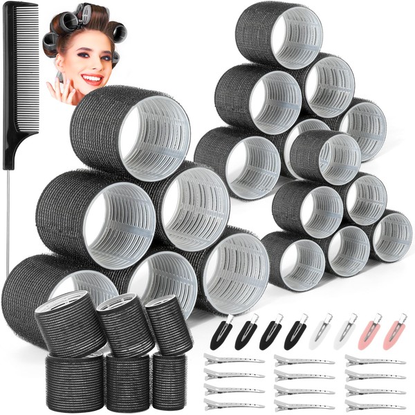 Thrilez 39PCS Hair Curlers Rollers with Clips Black Hair Roller with 3 Sizes 64mm 44mm 33mm, Jumbo Hair Roller with 12PCS Duckbill Clips Hair Rollers for Long Medium Short Thick Fine Volume Bangs Hair