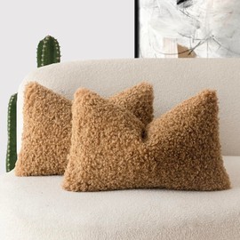 Foindtower Set of 2 Curly Teddy Wool Pillow Covers Decorative Boucle Textured Lumbar Throw Pillow Faux Fur Pillowcases Sheepskin Cushion Case for Sofa Bedroom Car 12"x20" Khaki