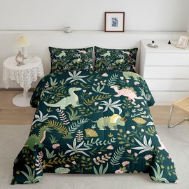 Cute Dinosaur Full Size Comforter Set,Kids Cartoon Dino Kawaii Animal Bedding Comforters Bedroom Collection,Green Pink Leaves Plant Botanical Bedding Set for Girls Teens