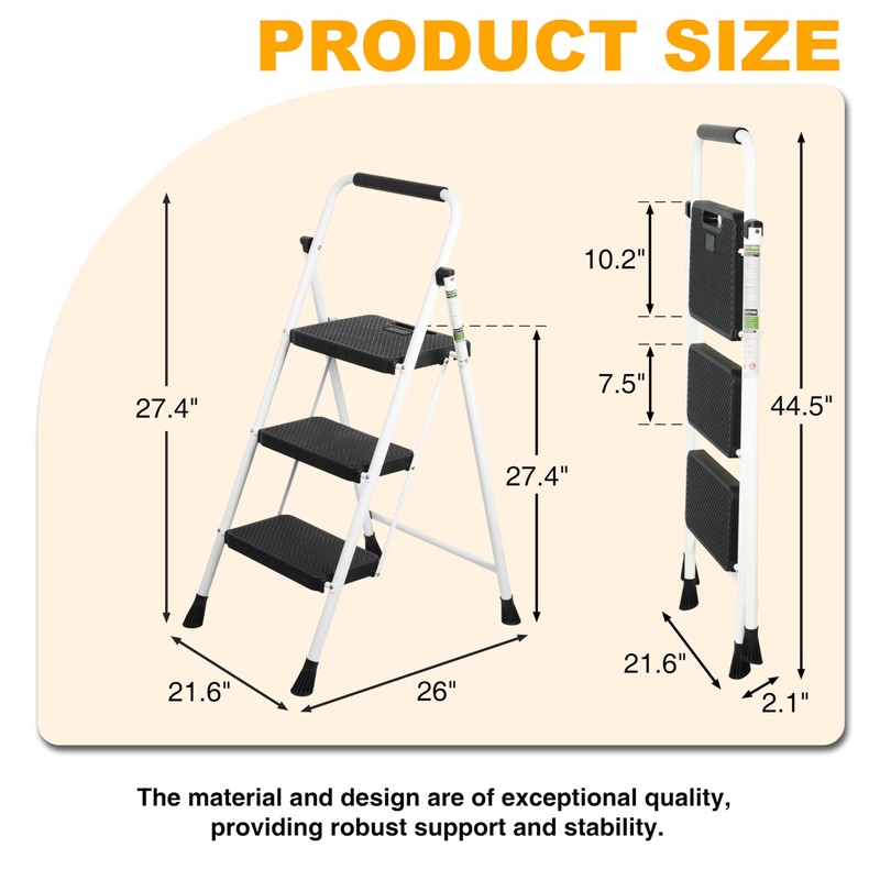 3 Step Ladder, Portable Steel Folding Step Stool with Wide