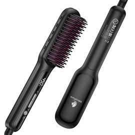 MiroPure Hair Straightener Brush with Plasma Technique, Ceramic Straightening Brush with 16 Temp Settings 30s Fast Heating, Hair Straightener Comb for Women with LED Display & Dual Voltage, Black