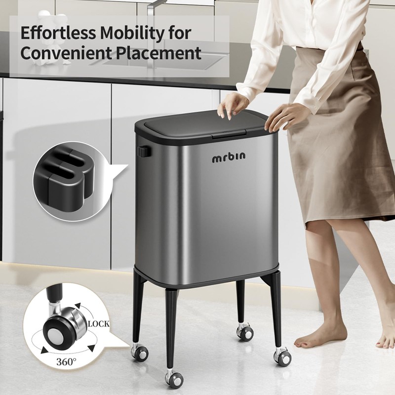 MRBIN Metal Kitchen Trash Can with Wheel Legs, 36L /