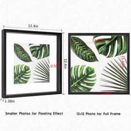 MUYE 12x12 Floating Frames Set of 2,Double Glass Picture Frame Display Any Size Photo up to 12x12,Wall Mount or Tabletop Standing,Black