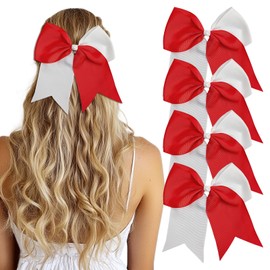 AXEN Large Cheerling Bow, 8 inch Cheer Hair Bows with Ponytail Holder for Teen Girls Sports Cheerleader Hair Accessories, Red&White