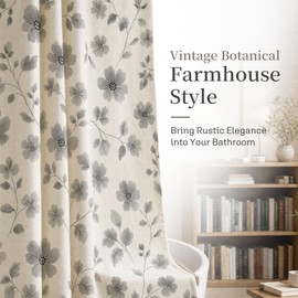 Floral Shower Curtain, Farmhouse Vintage Linen Shower Curtains for Bathroom, Retro Watercolor Flower Waterproof Bath Curtain 72’’x72’’ (Gray)