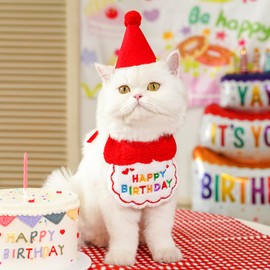 Cat Birthday Party Supplies, Cat Birthday Hat with Cat Birthday Bandana Bow Tie Collar Cat Birthday Decorations for Cat Kitten Birthday Outfits Pet Owner Birthday Gift for Cat (Red)