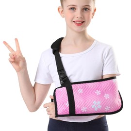 Fotgok Kids Arm Sling for Shoulder Immobilizer Injury with Rotatable Buckle, Cute Embossed Printed Fabric Arm Brace for Girls, Medical Shoulder Brace for Children (Pink, Large)