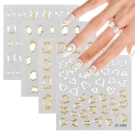 MBAIYO 5D Gold Embossed Nail Art Stickers, 4 Sheets Star Hollow Soft Glue Decals Irregular Geometric Frames Nail Accessories Self-Adhesive Supplies for Women DIY Acrylic Manicure