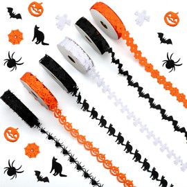Hoteam 6 Rolls Halloween Ribbons Pumpkin Bat Ghost Shape Halloween Craft Thin Ribbon 30 Yards Garland Black White Orange Trim Embellishment for DIY Craft Gift Wreath Wrapping Holiday Party Decoration