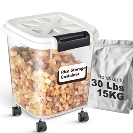LivLab Mker Large Rice Storage Container 30 lbs, Airtight Pet/Cat Treat Storage Bin with Lids, Attachable Wheels, Great for Flour & Rice, Easy Mobility, BPA Free, White