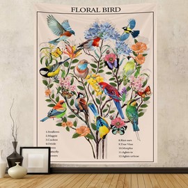 FENDROM Vintage Flower Birds Tapestry Plants Leaves and Flower Wall Hanging Vertical Nature Identification Reference Tapestries for Bedroom Living Room Dorm