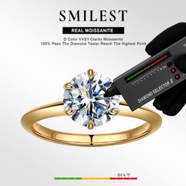 SMILEST 2ct Round Moissanite Solitaire Ring for Women, D Color VVS1 Clarity Lab Created Wedding Rings 18K Yellow Gold Plated 925 Sterling Silver 6 Claw Moissanite Engagement Ring for Women
